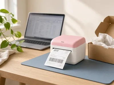 Illustration of a pink and white shipping label printer printing a barcode label next to a laptop and a box