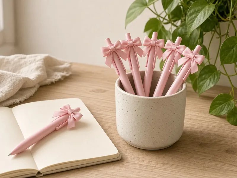 Illustration of pink bow-topped gel pens in a cup beside an open notebook