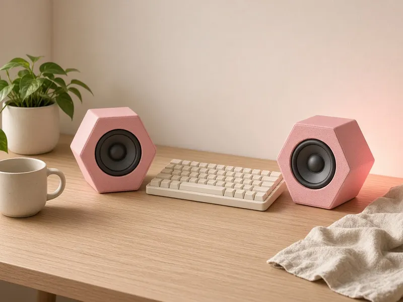 Illustration of a pair of pink hexagon desktop speakers on a desk with a white keyboard and a mug