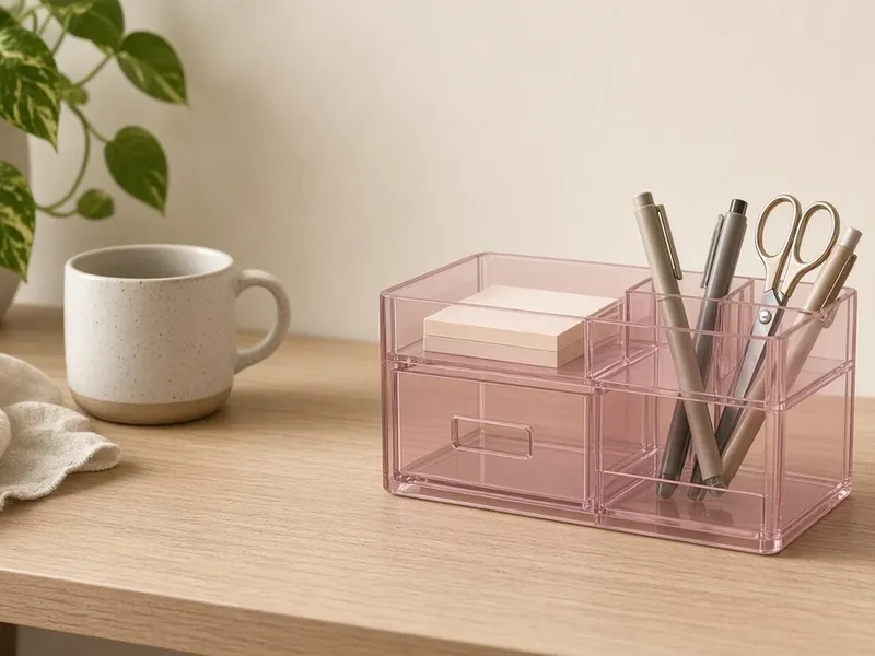 Illustration of a clear pink acrylic desk organizer with a drawer, holding pens and scissors