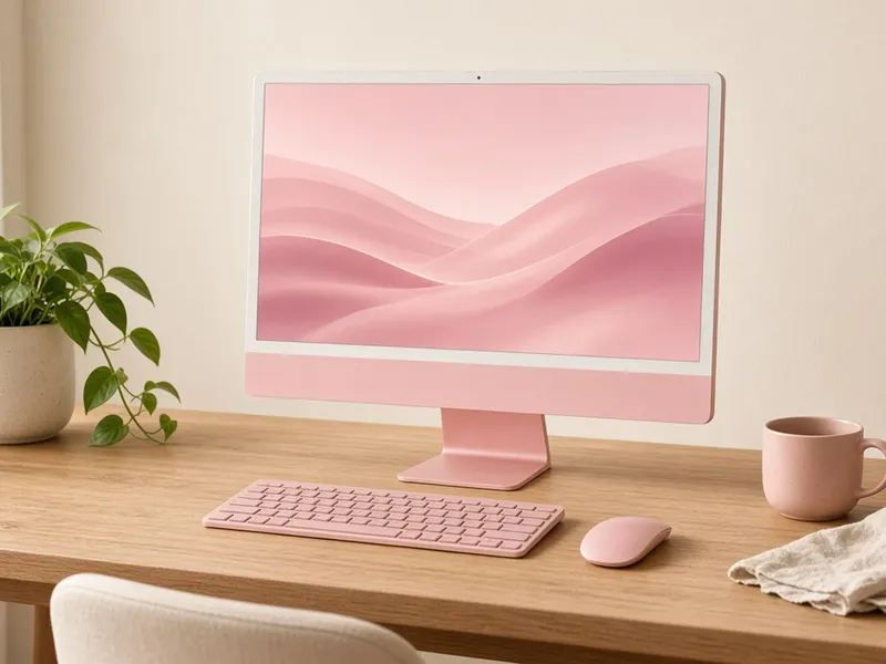 Illustration of a pink 24-inch all-in-one desktop with a matching pink keyboard and mouse on a light wood desk beside a plant and a pink mug