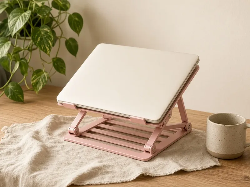 Illustration of a white laptop on a pink metal laptop stand on a desk