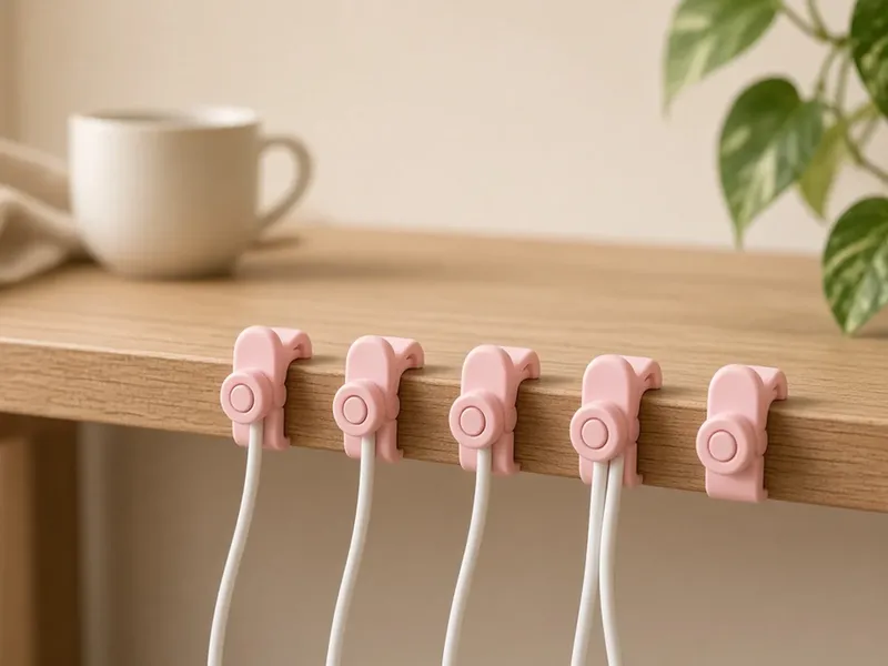 Illustration of pink spring cable clips holding white cables along a desk edge