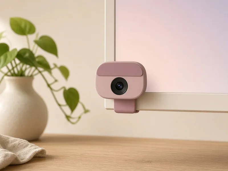 Illustration of a small dusty rose webcam clipped to the top of a monitor