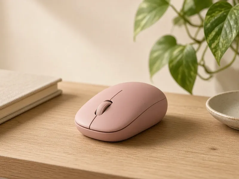 Illustration of a compact dusty rose mouse on a wood desk next to a notebook and a bowl