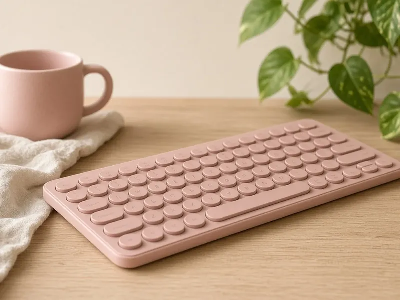 Illustration of a slim dusty rose keyboard with round keys on a wood desk beside a pink mug