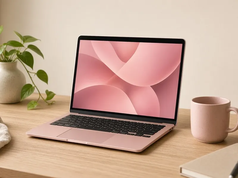 Illustration of a blush pink laptop open on a light wood desk next to a pink mug and a plant