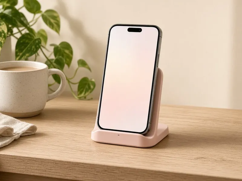 Illustration of a phone standing on a pink wireless charging stand on a desk