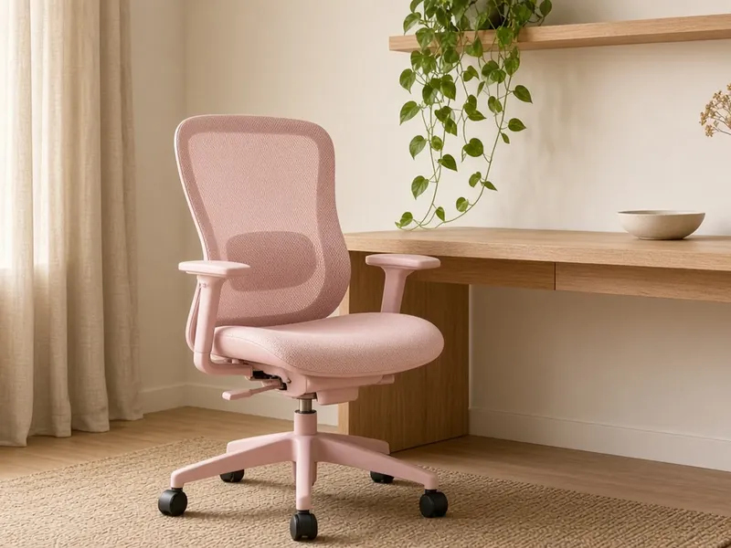 Illustration of a pastel pink mesh office chair at a white desk