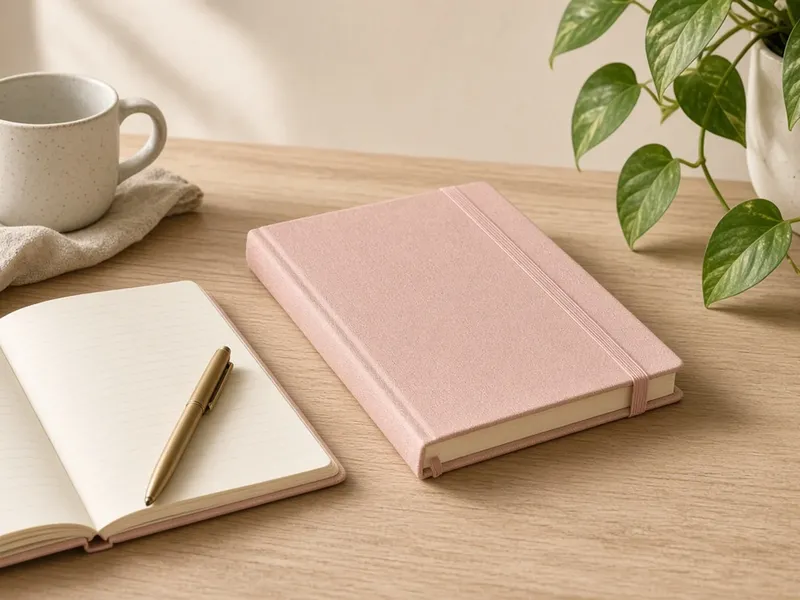 Illustration of a blush pink hardcover journal on a desk next to an open notebook and a mug