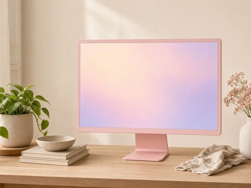 Illustration of a pastel pink monitor on a wood desk with a small plant and a stack of books