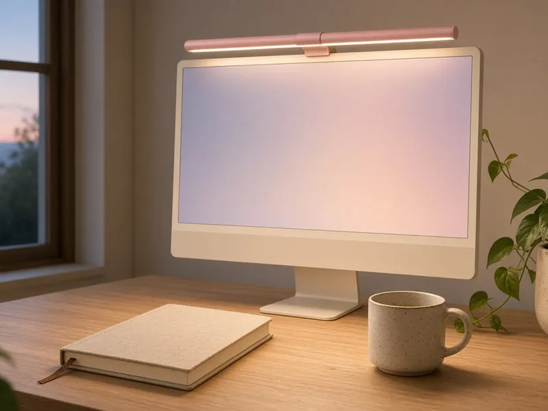 Illustration of a pink light bar on top of a monitor glowing over a desk with a book and a mug