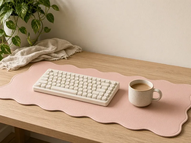 Illustration of a pastel pink scalloped-edge desk mat under a white keyboard and a cup of coffee