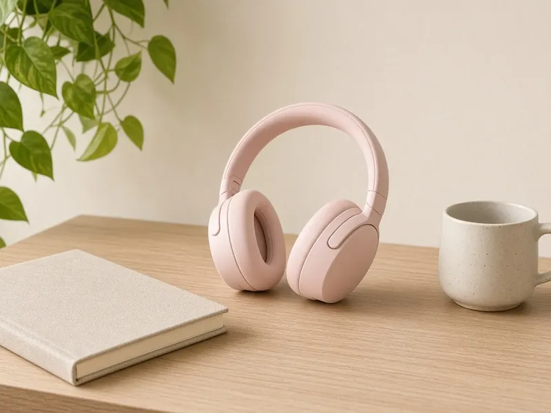 Illustration of light pink over-ear headphones on a desk with a notebook, a mug and a plant