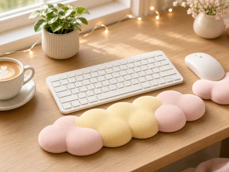 Illustration of a pastel cloud-shaped wrist rest in front of a white keyboard on a wooden desk with fairy lights