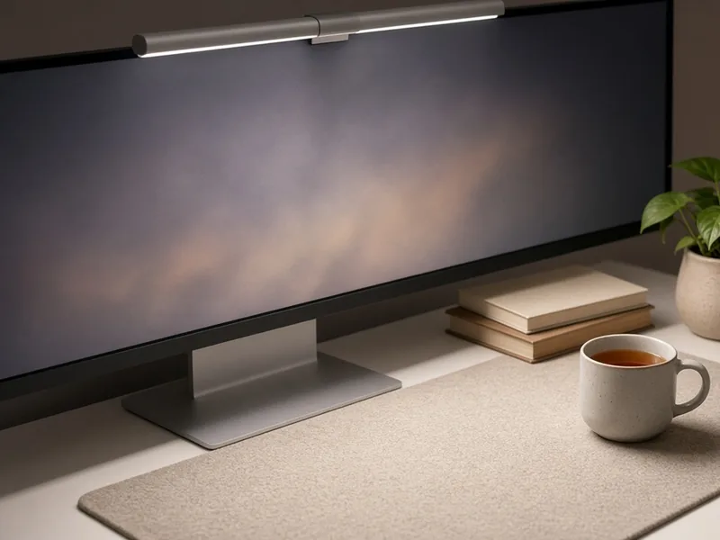 Illustration of a light bar on a wide monitor above a desk mat and a cup of tea