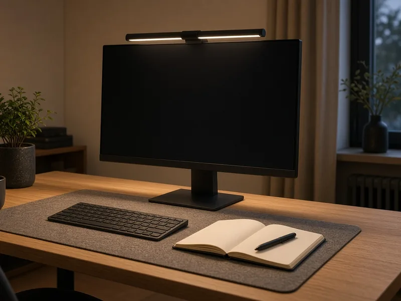 Illustration of a monitor light bar lighting a desk with a keyboard and an open notebook
