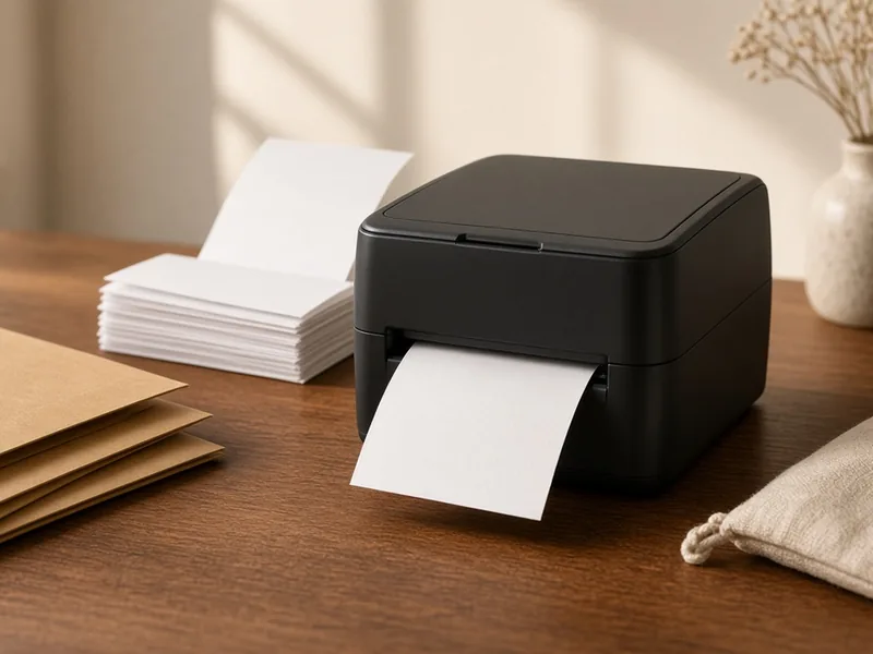 Illustration of a black shipping label printer printing a label next to kraft mailers