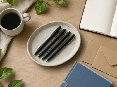 Illustration of four black pens on a round white dish beside a coffee cup, notebook and envelopes