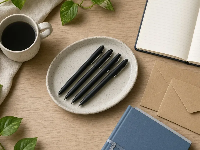 Illustration of four black pens on a round white dish beside a coffee cup, notebook and envelopes