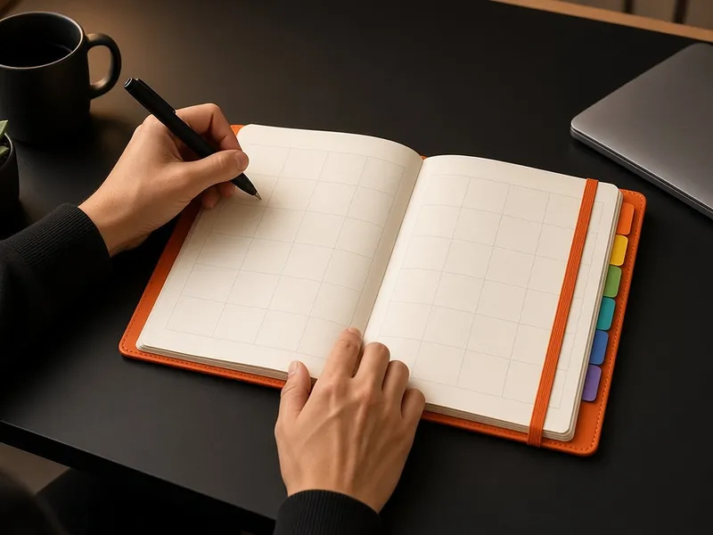 Illustration of an open orange-covered weekly planner with rainbow tabs and an elastic band on a dark desk, standing in for the Clever Fox Planner PRO