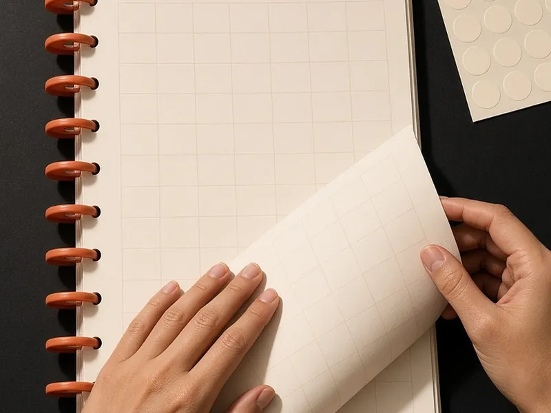 Illustration of hands turning a page in a disc-bound planner with orange discs on a black desk