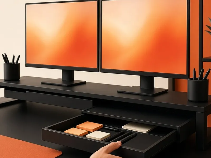 Illustration of a hand opening the drawer of a long black monitor riser holding two monitors