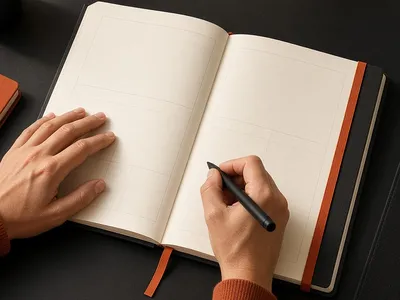 Illustration of hands writing in a large open black hardcover planner with an orange band on a black desk