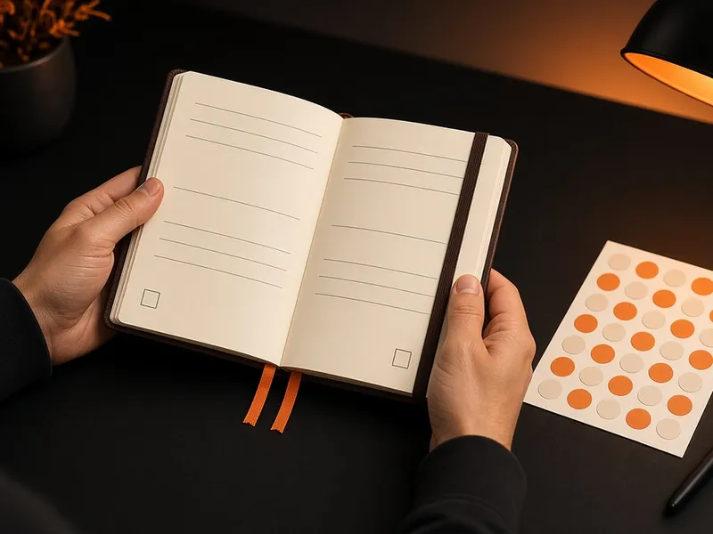 Illustration of hands holding an open dark brown A5 planner with orange ribbon markers beside a sheet of dot stickers, standing in for the Legend Planner