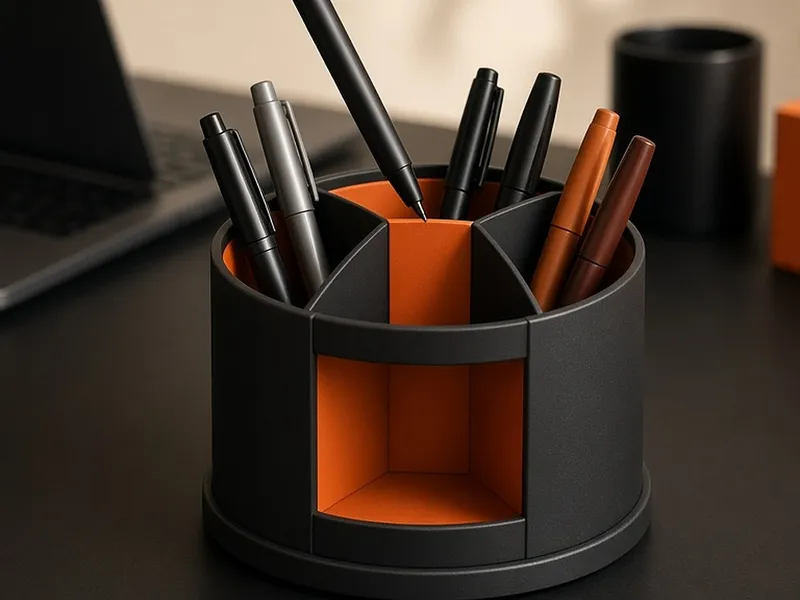 Illustration of hands placing a pen in a round black and orange rotating desk pen organizer on a black desk