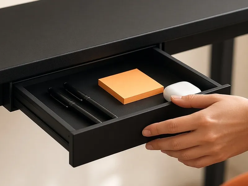 Illustration of a hand sliding open a slim black drawer mounted under a black desk