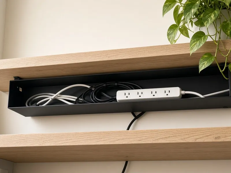 Illustration of an under-desk steel cable tray on a modern desk