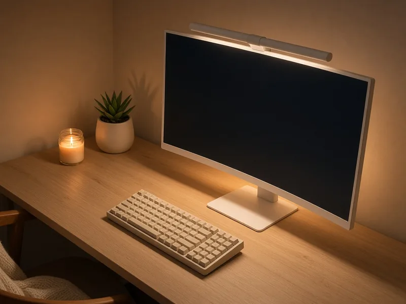 Illustration of a light bar glowing warm on a curved monitor at a cozy desk
